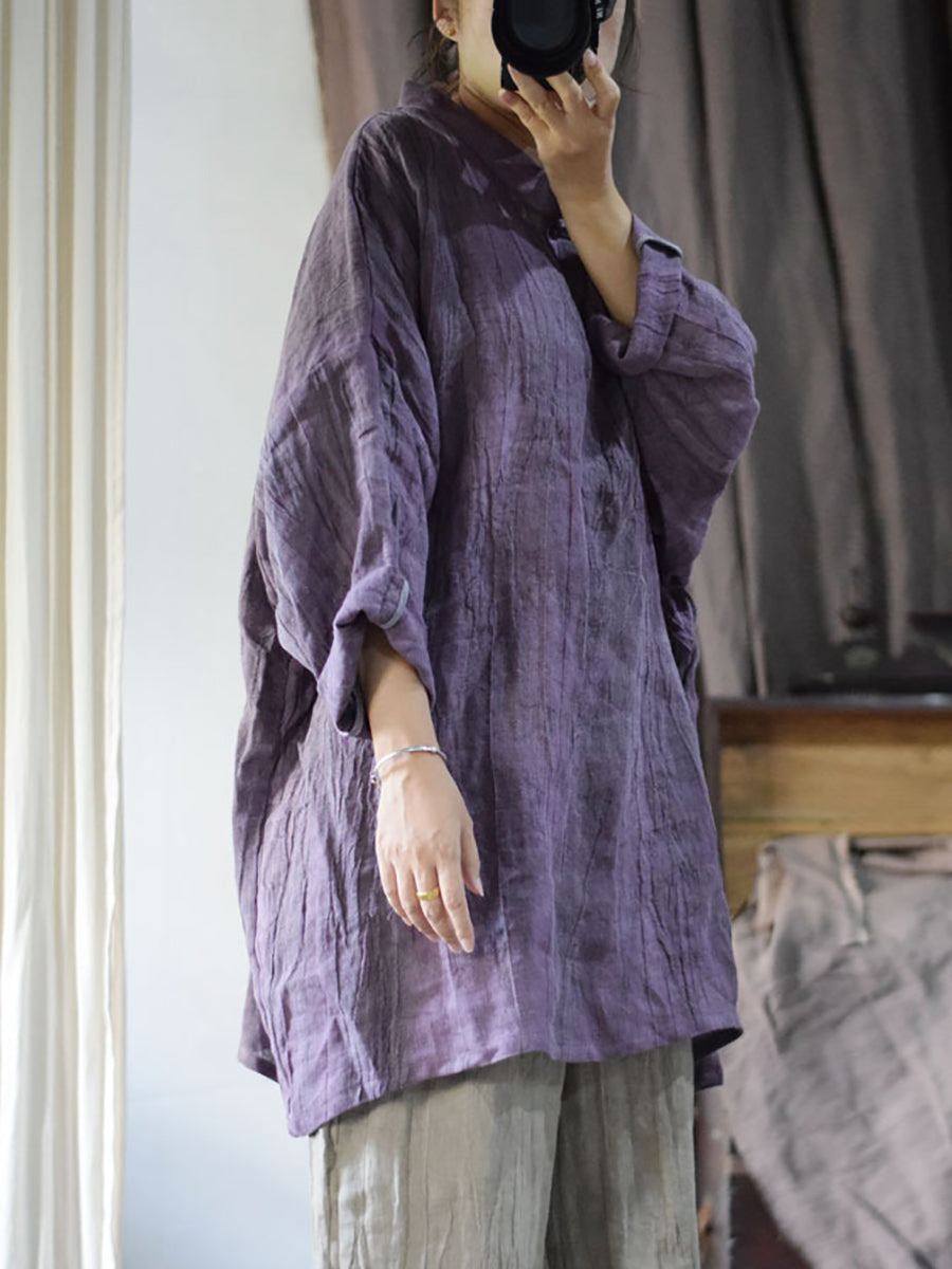 Plus Size Women Vintage Solid Linen Loose Long Blouse