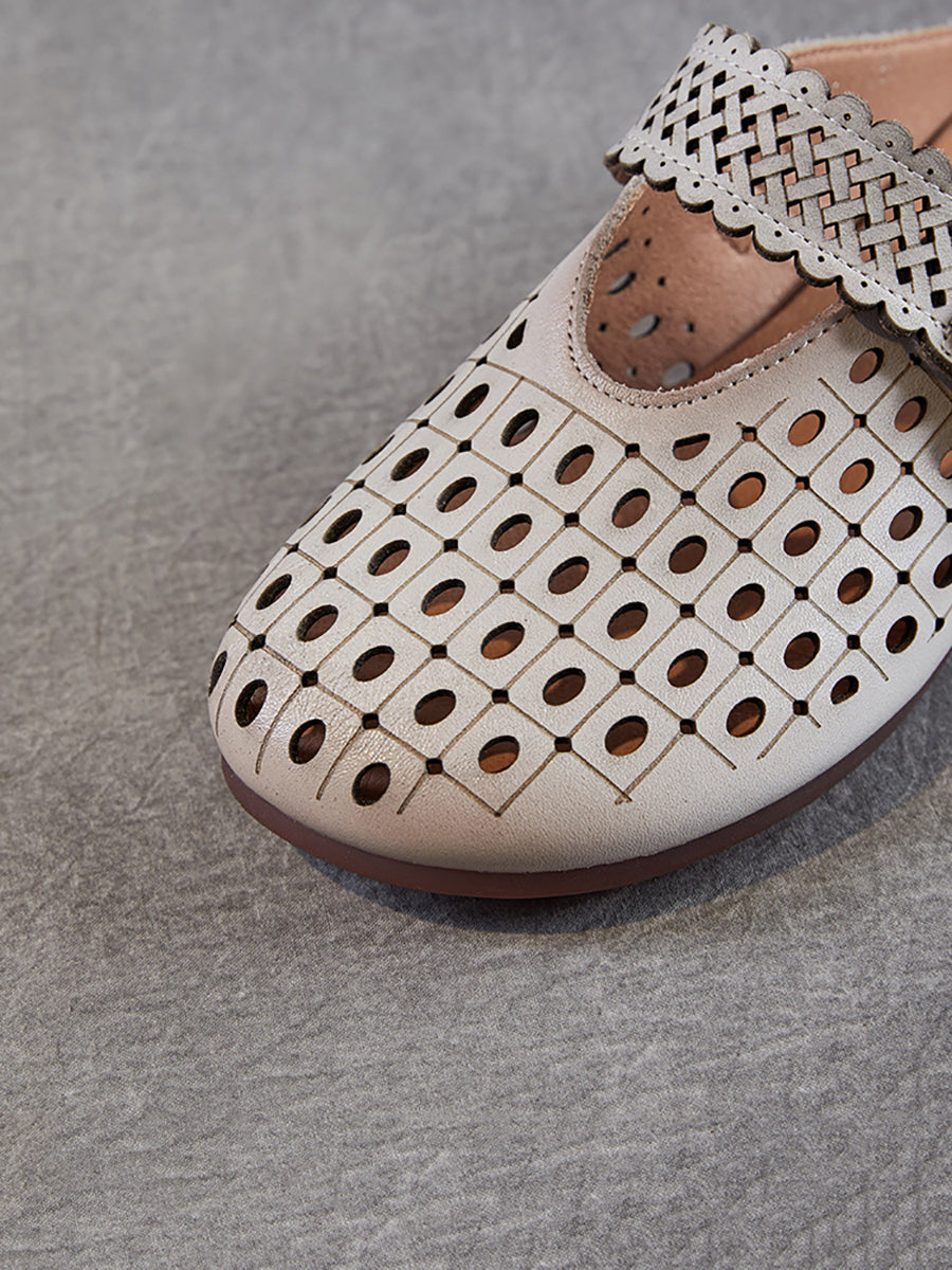 Women Casual Genuine Leather Flower Low Heel Slippers