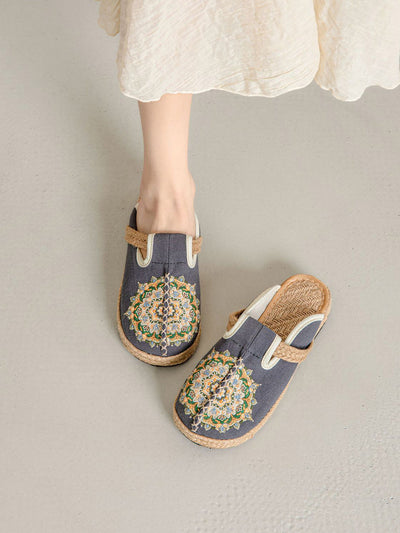 Women Summer Flower Embroidery Linen Slippers