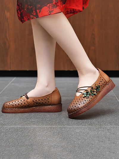 Women Summer Leather Flower Spliced Low Heel Shoes