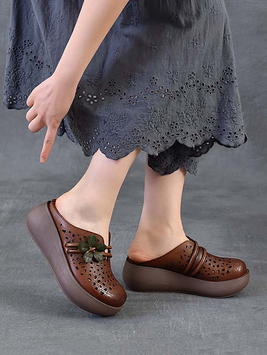 Women Ethnic Leather Flower Hollow Out Platform Slippers