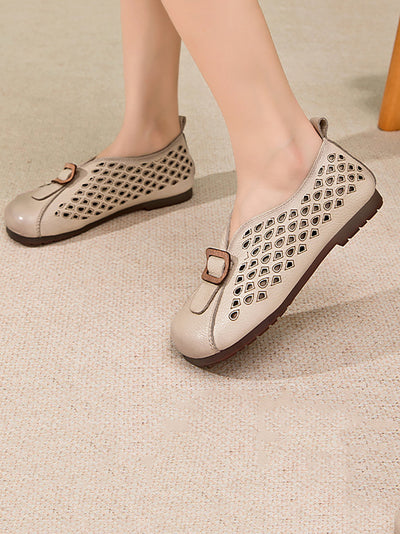 Women Summer Vintage Leather Spliced Flat Shoes
