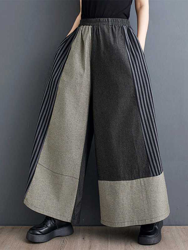 High Waisted Loose Elasticity Pockets Split-Joint Striped Pants Trousers