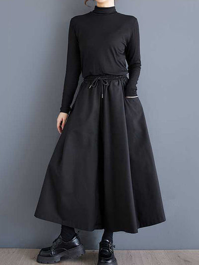 A-Line High Waisted Drawstring Elasticity Pockets Solid Color Culotte Pants