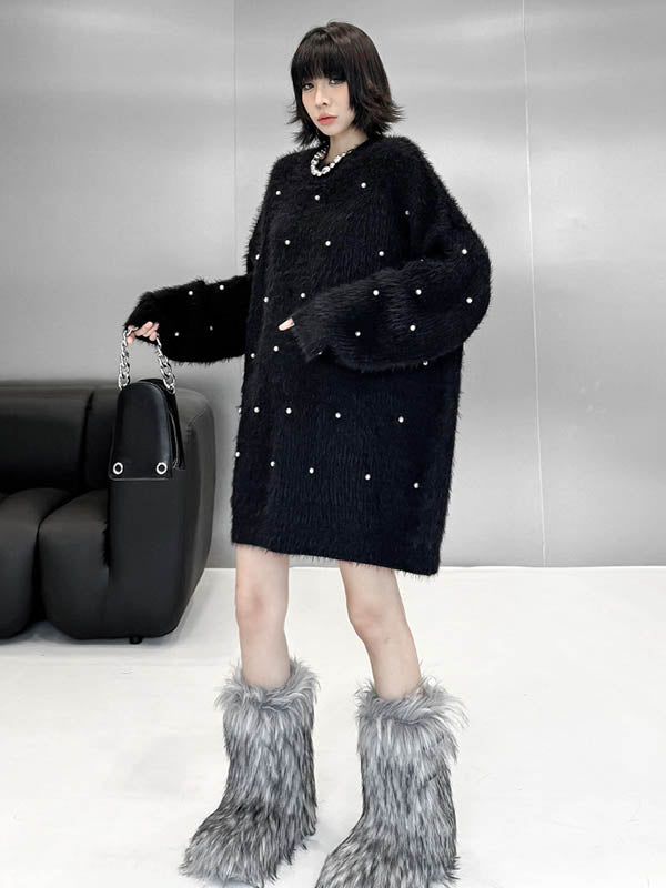 Long Sleeves Loose Beads Contrast Color Shiny Split-Joint Round-Neck Mini Dresses Sweater Dresses