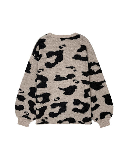Long Sleeves Loose Contrast Color Leopard Print Cardigan Tops