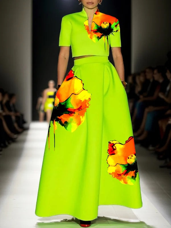 A-Line Loose Flower Print Pleated Pockets Skirts Bottoms