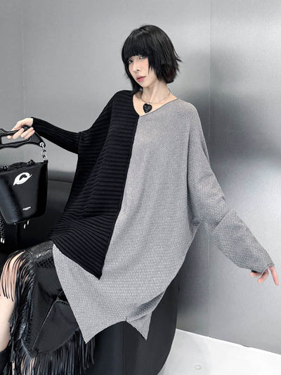 Batwing Sleeves Irregularity Asymmetric Contrast Color Split-Joint Textured V-Neck Sweater Tops