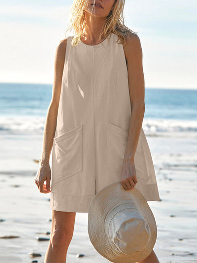 Loose Sleeveless Pockets Solid Color Round-Neck Rompers