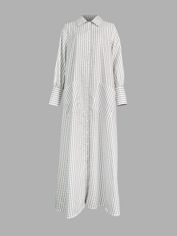 Long Sleeves Loose Buttoned Split-Side Striped Lapel Maxi Dresses Shirt Dress