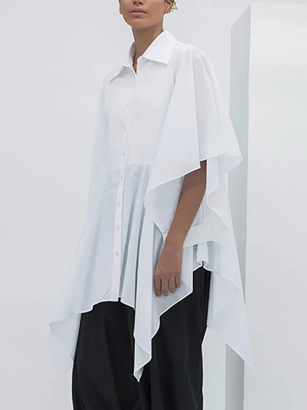 Flared Sleeves Half Sleeves Buttoned Solid Color Split-Joint Lapel Blouses&Shirts Tops