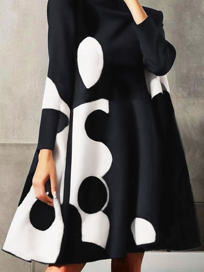 A-Line Long Sleeves Polka-Dot Split-Joint Mock Neck Mini Dresses