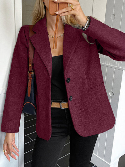 Long Sleeves Buttoned Pockets Solid Color Notched Collar Suit Outerwear