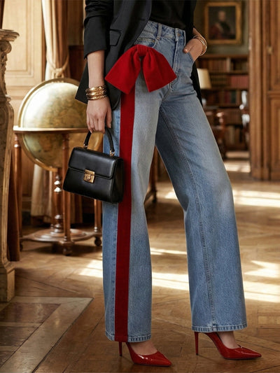 Wide Leg Bow-Embellished Contrast Color Jean Pants Bottoms