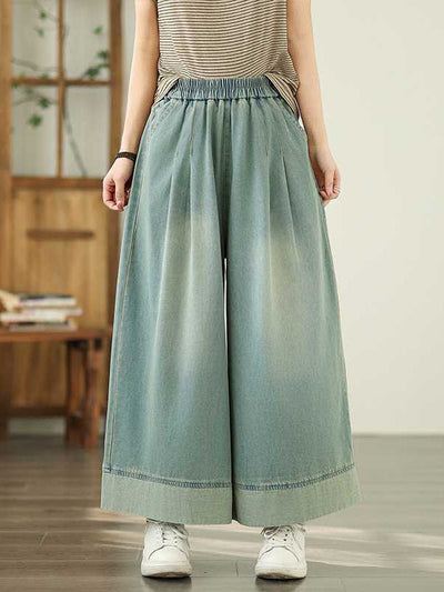 Loose Wide Leg Elasticity Pleated Pockets Jean Pants Bottoms Trousers