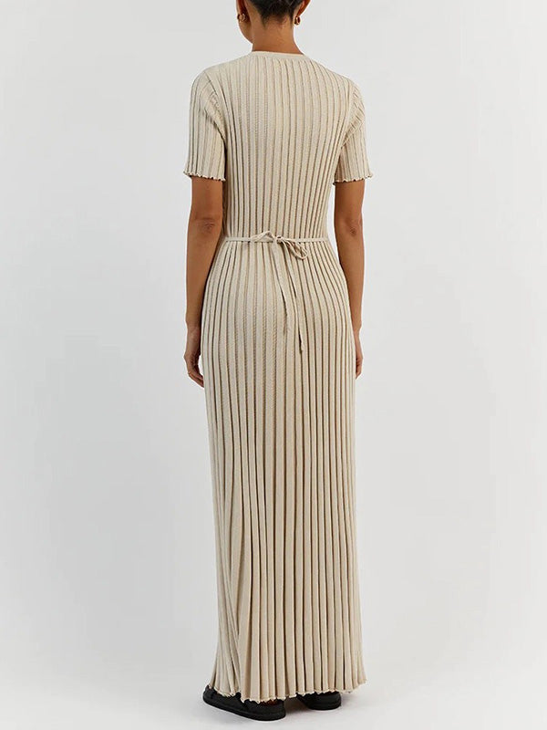 Short Sleeves Pleated Solid Color Tied Waist Round-Neck Maxi Dresses