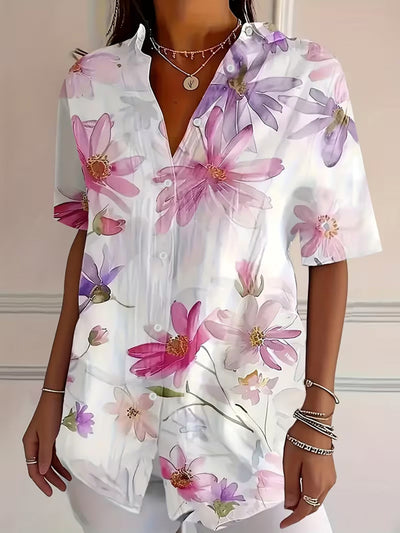Loose Short Sleeves Buttoned Contrast Color Flower Print Lapel Blouses&Shirts Tops