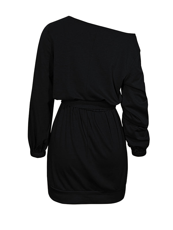 Long Sleeves Loose Elasticity Solid Color Tied Waist One-Shoulder Mini Dresses