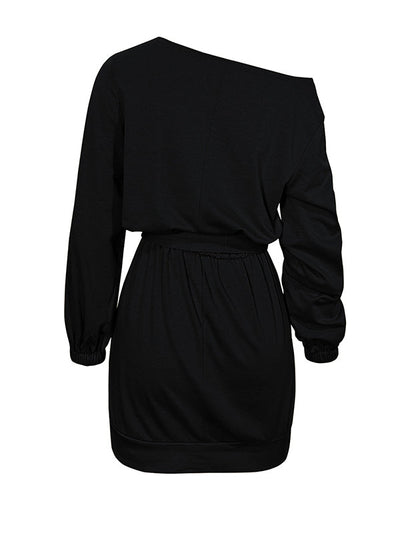 Long Sleeves Loose Elasticity Solid Color Tied Waist One-Shoulder Mini Dresses