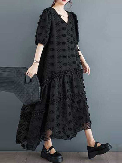 A-Line Half Sleeves Elasticity Jacquard Solid Color Split-Joint V-Neck Midi Dresses