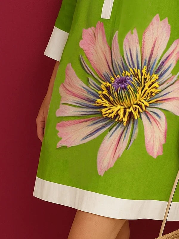 Loose Three-Quarter Sleeves Buttoned Contrast Color Flower Print Lapel Mini Dresses