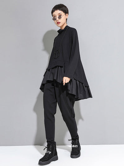 High-Low A-Line Falbala Split-Joint Split-Back High-Neck T-Shirts Tops