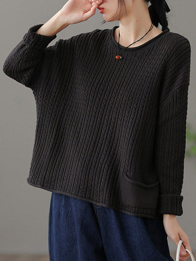 Artistic Retro Loose Long Sleeves Jacquard Solid Color Round-Neck Sweater Tops
