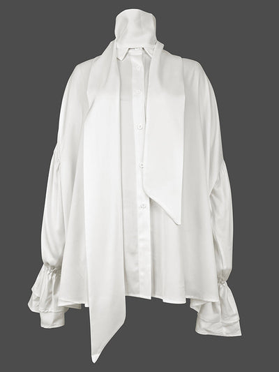 Flared Sleeves Long Sleeves Double Layered Elasticity Solid Color Tied V-Neck Blouses&Shirts Tops