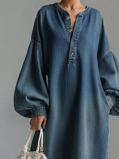 Long Sleeves Loose Buttoned Pockets Solid Color V-Neck Maxi Dresses