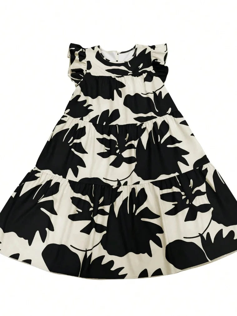 Loose Ruffle Sleeves Flower Print Pleated Round-Neck Midi Dresses