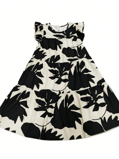Loose Ruffle Sleeves Flower Print Pleated Round-Neck Midi Dresses