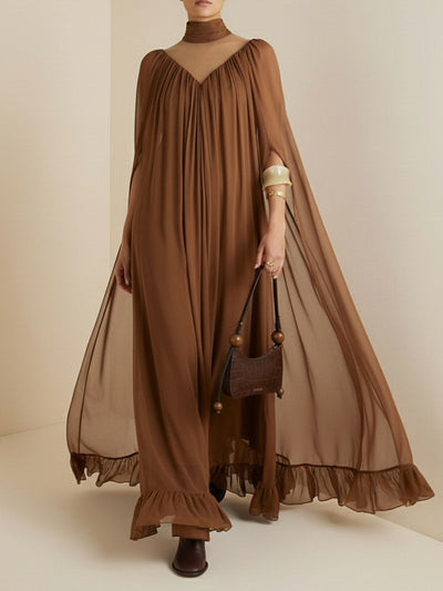 Cape Irregularity Layered Pleated Ruffled See-Through Solid Color Split-Joint High Neck Maxi Dresses