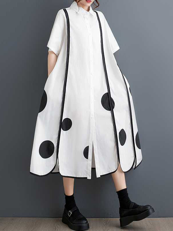 A-Line Half Sleeves Buttoned Pockets Polka-Dot Split-Front Split-Joint Lapel Midi Dresses Shirt Dress