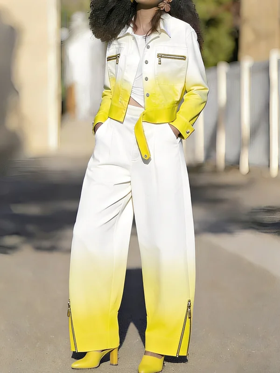 Wide Leg Gradient Pockets Zipper Pants Trousers