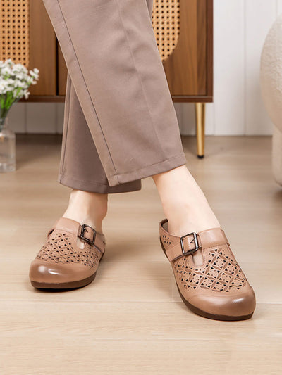 Women Vintage Genuine Leather Hollow Out Low Heel Shoes