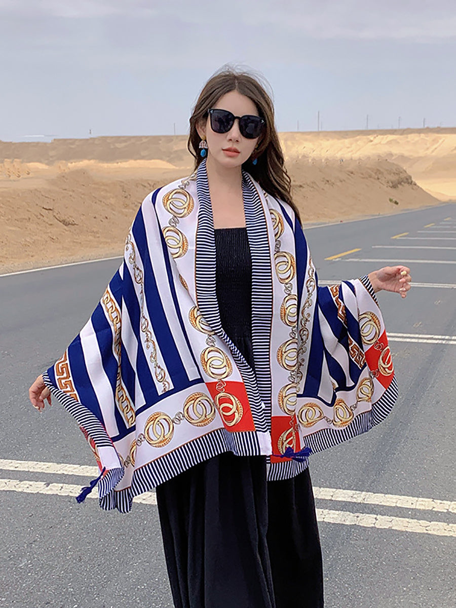 Women Ethnic Print Tassel Shawl Scarf