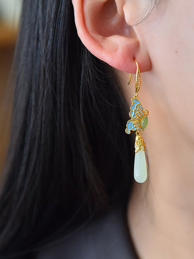 Women Ethnic Jade Enamel Butterfly S925Silver Earrings