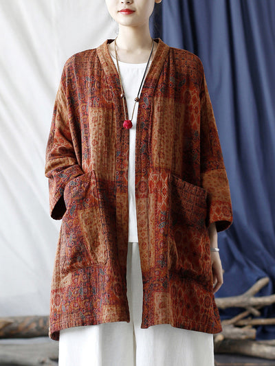 Plus Size  Women Autumn Ethnic Pocket Loose Print Loose Coat