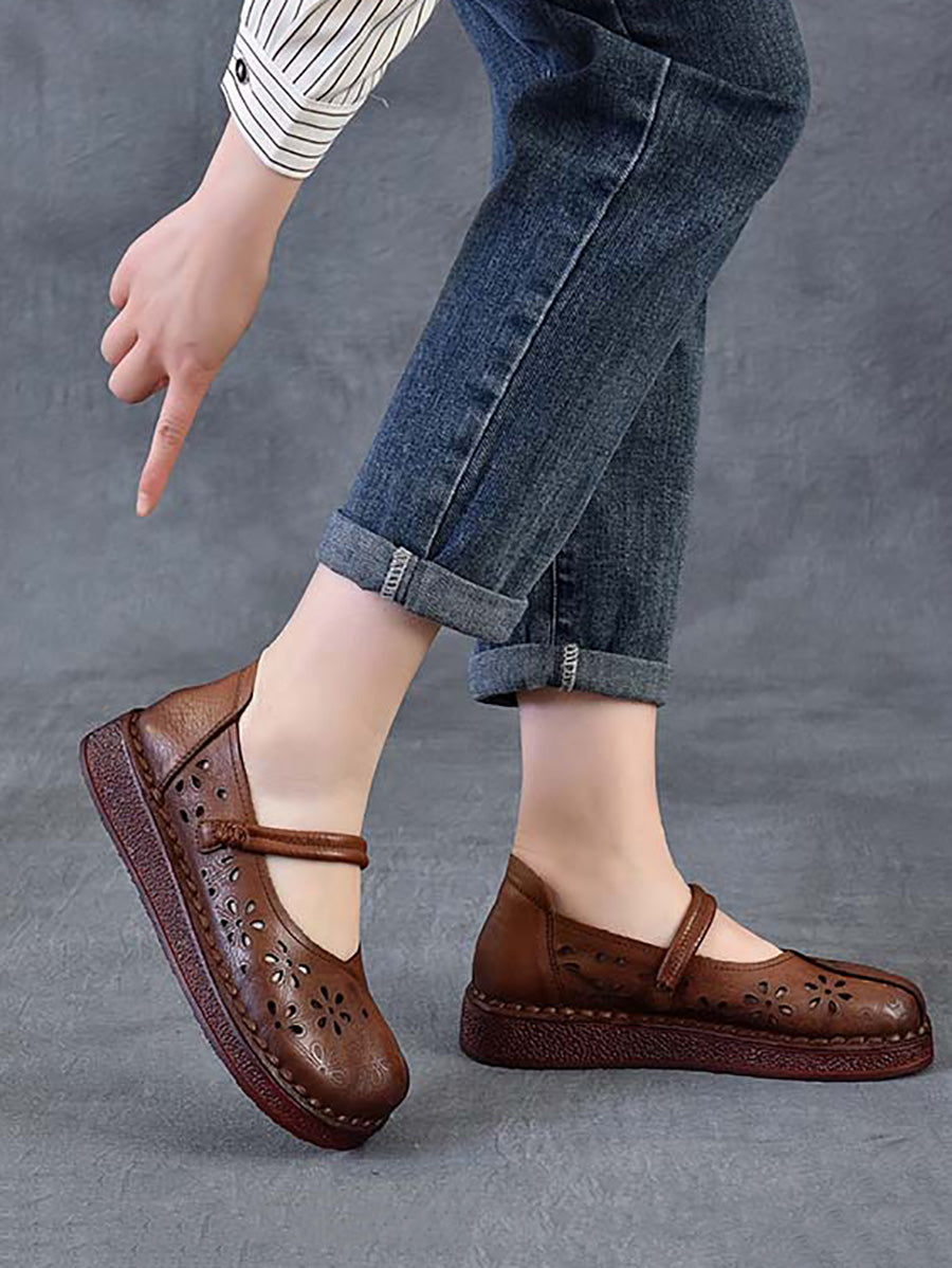 Women Vintage Leather Flower Hollow Out Low Heel Shoes