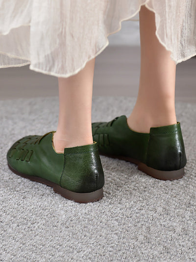 Women Vintage Genuine Leather Weave Low Heel Shoes