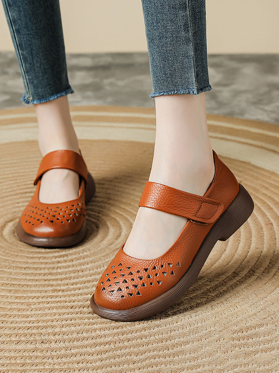 Women Vintage Summer Leather Hollow Out Platfrom Shoes