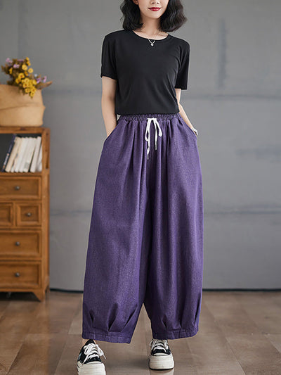 Women Summer Casual Pure Color Cotton Harem Pants