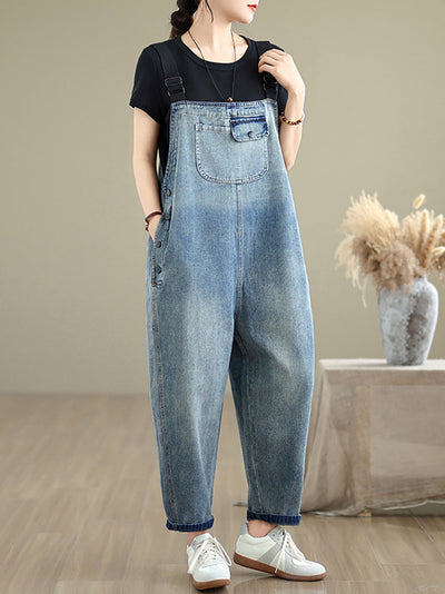 Women Summer Casual Pure Color Denim Loose Jumpsuits