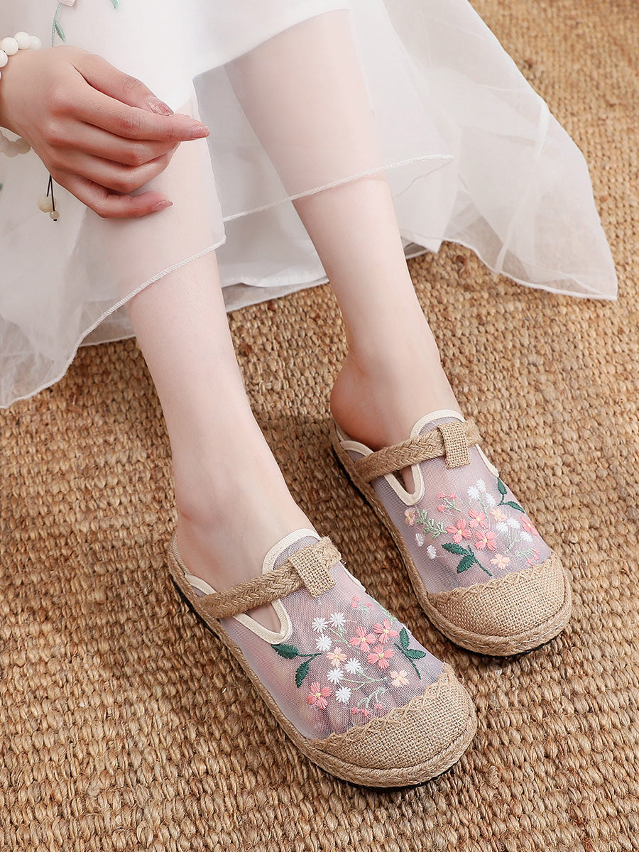 Women Summer Flower Embroidery Slippers