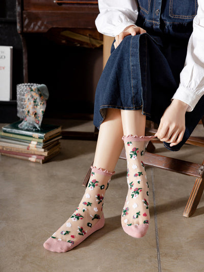 5 Pairs Women Summer Floral Lace Spliced Socks