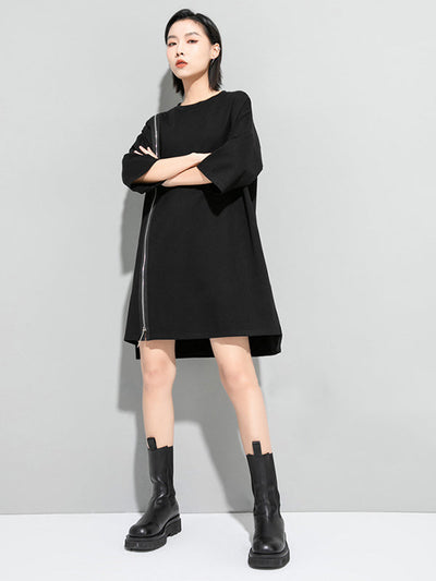 Original Black Zipper Batwing Sleeve Round-Neck Mini Dress