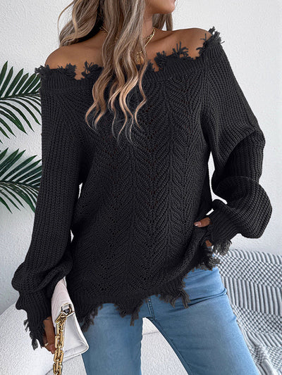 Long Sleeves Hollow Knitted Leaves Ribbed Knit See-Through Solid Color Off-The-Shoulder Sweater Tops