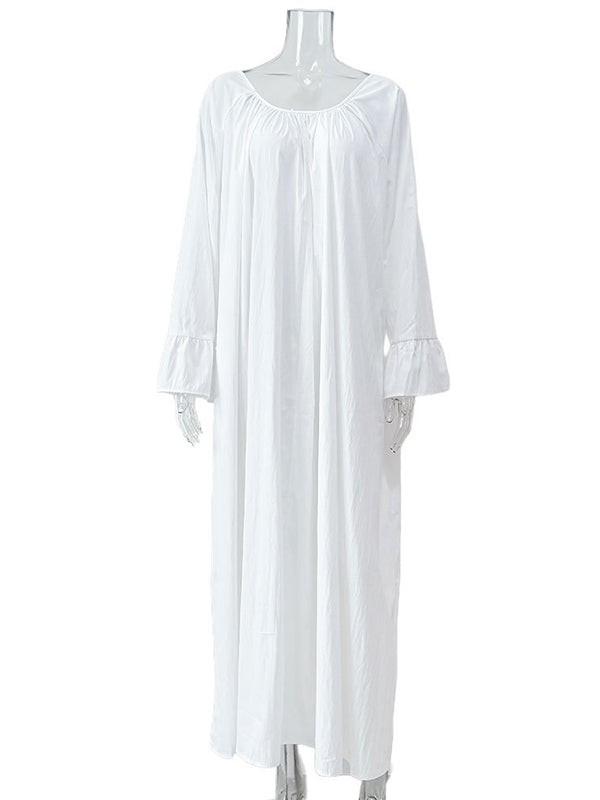 Flared Sleeves Loose Pleated Solid Color Split-Joint Round-Neck Maxi Dresses