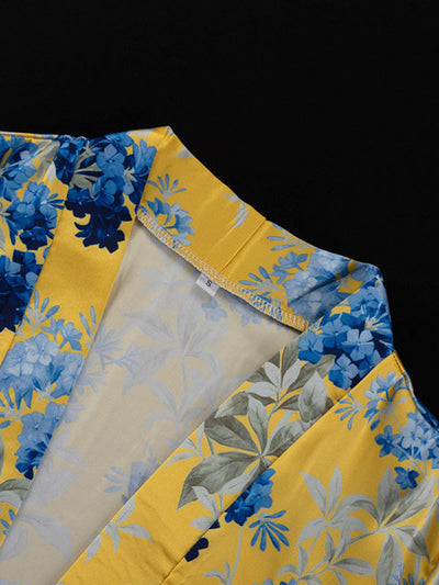 Loose Printed Split-Joint Deep V-Neck Lace-Up Blouse + Drawstring Elasticity Pants Trousers Two Pieces Set