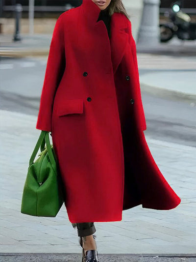 Long Sleeves Loose Buttoned Pockets Solid Color Split-Joint Stand Collar Woolen Coat